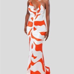 Hanifa Asymmetrical Strapless Orange and White Maxi Gown (NWT)